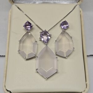 Sterling Silver Blush Pink Rose Quartz & Amethyst Jewelry Set NWT